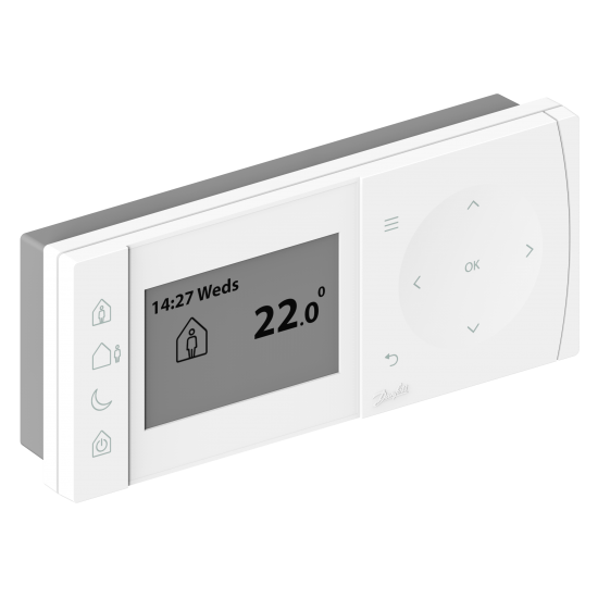 Danfoss TPOne-RF+RX1-S LCD ekranlı programlanabilir Yerden Isıtma kablosuz oda termostatı, Esnek günlük ve haftalık programlama. 5-35°C Ayar aralığı. 